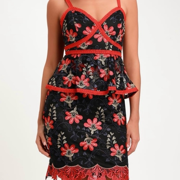 LULU’S Flirty Karina Floral Embroidered Mesh Peplum Dress—SZ. Small - Picture 3 of 17